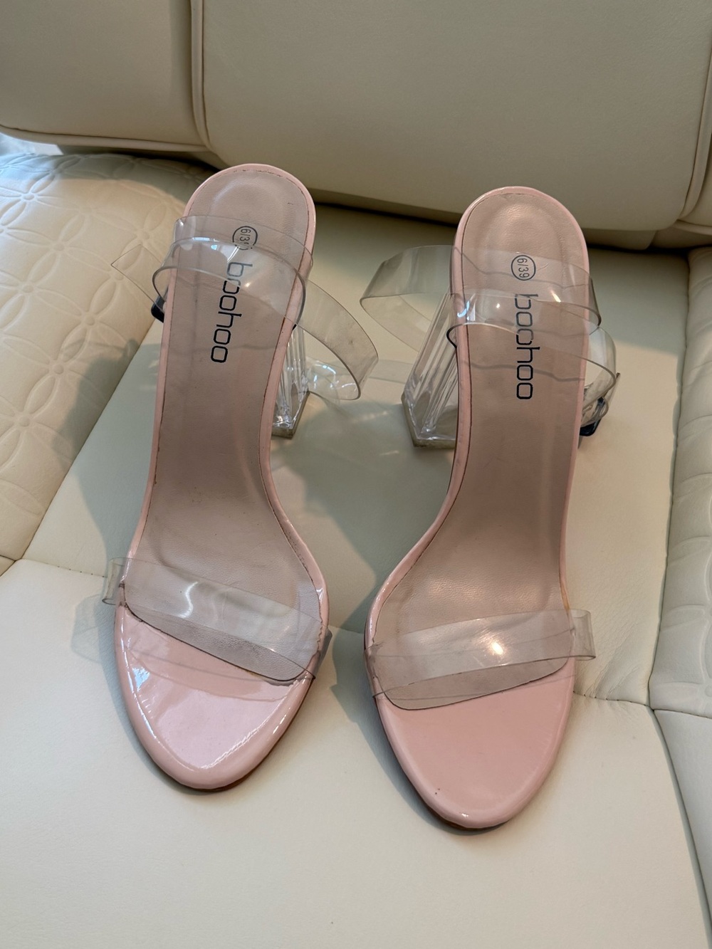 Boohoo Pale Pink Clear Strap Block Heel Sandals Size 6/39